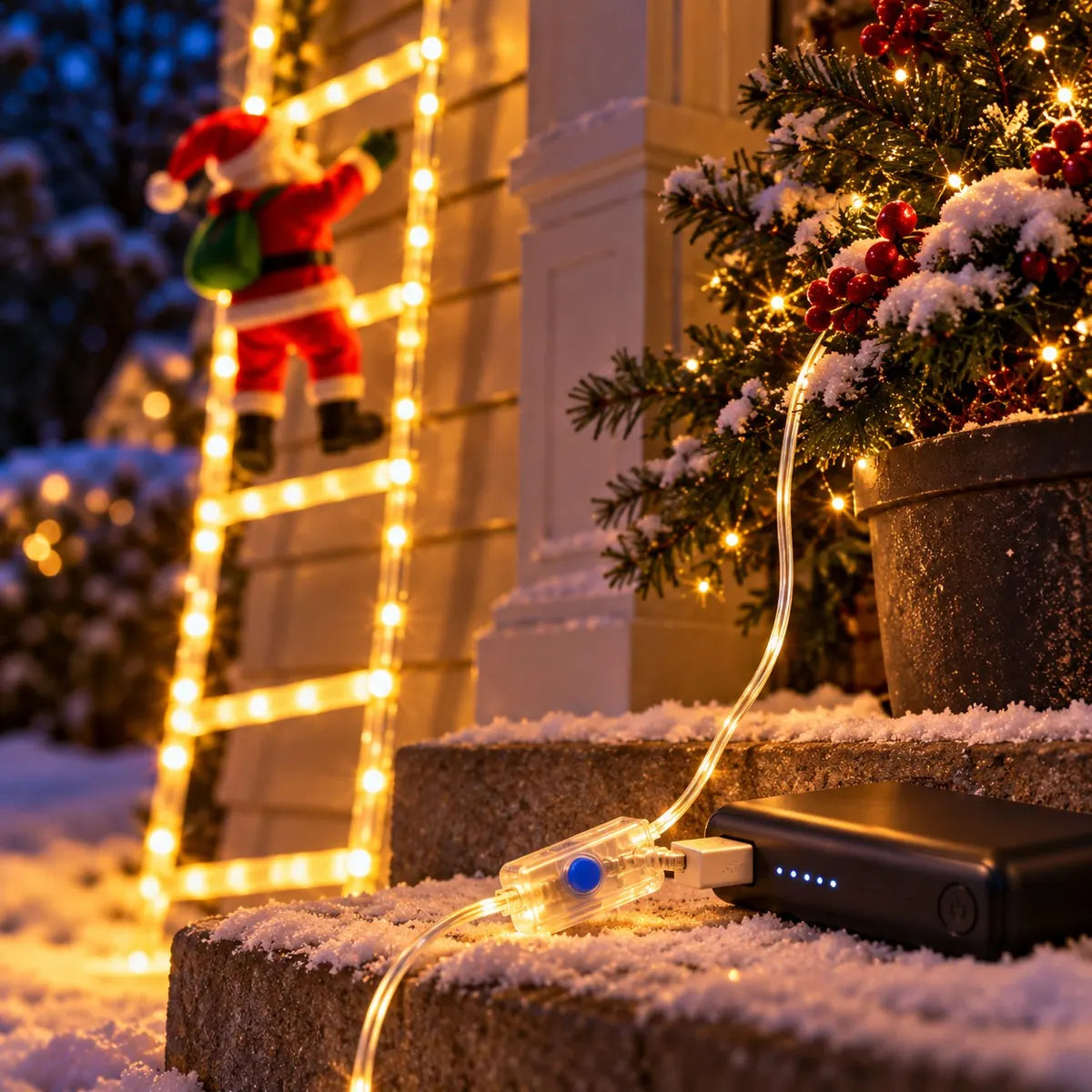 The clear USB controller plugged into a power bank on a snowy step, the ladder glowing behind