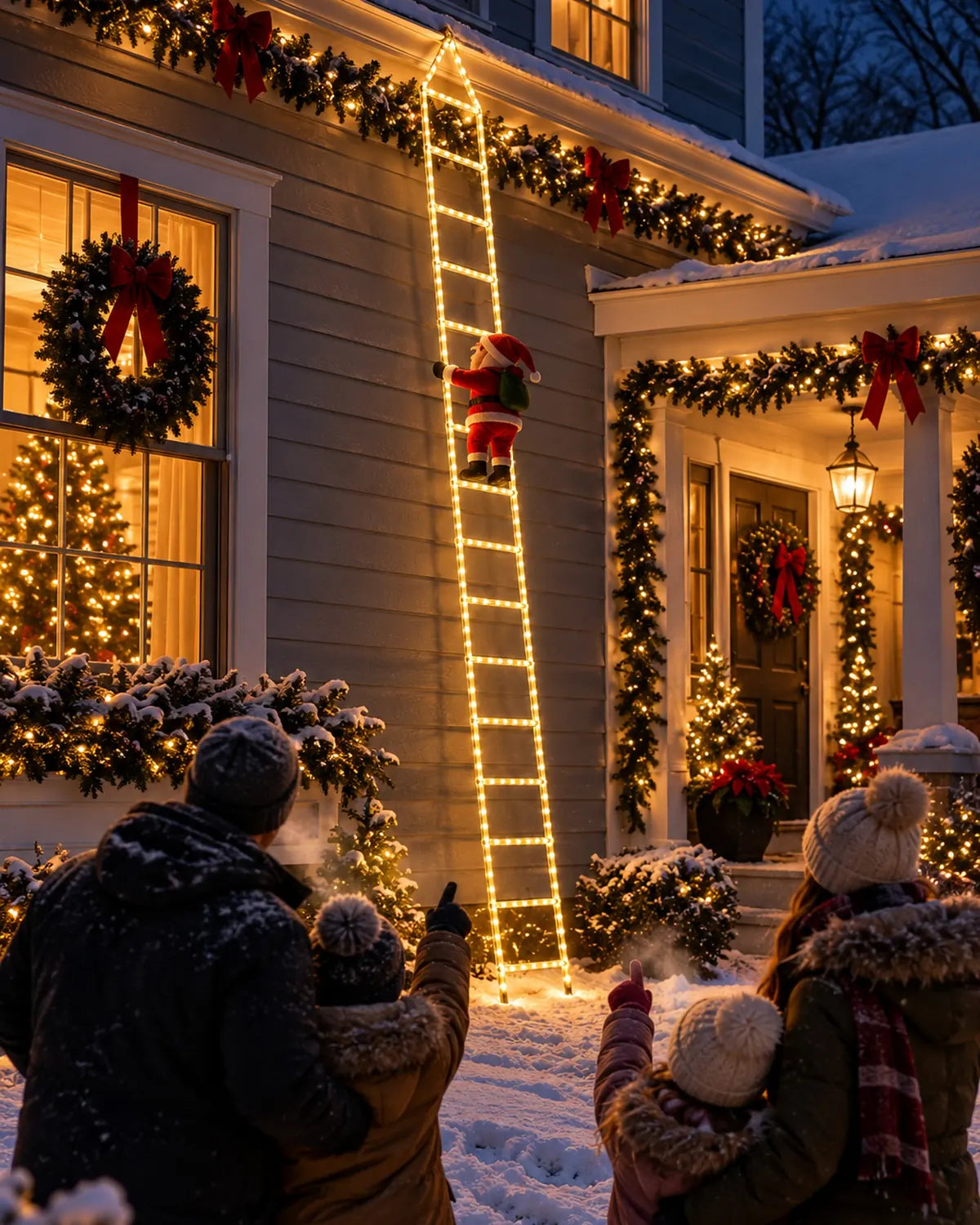 A family in winter coats seen from behind, the children pointing up at Santa on the glowing ladder