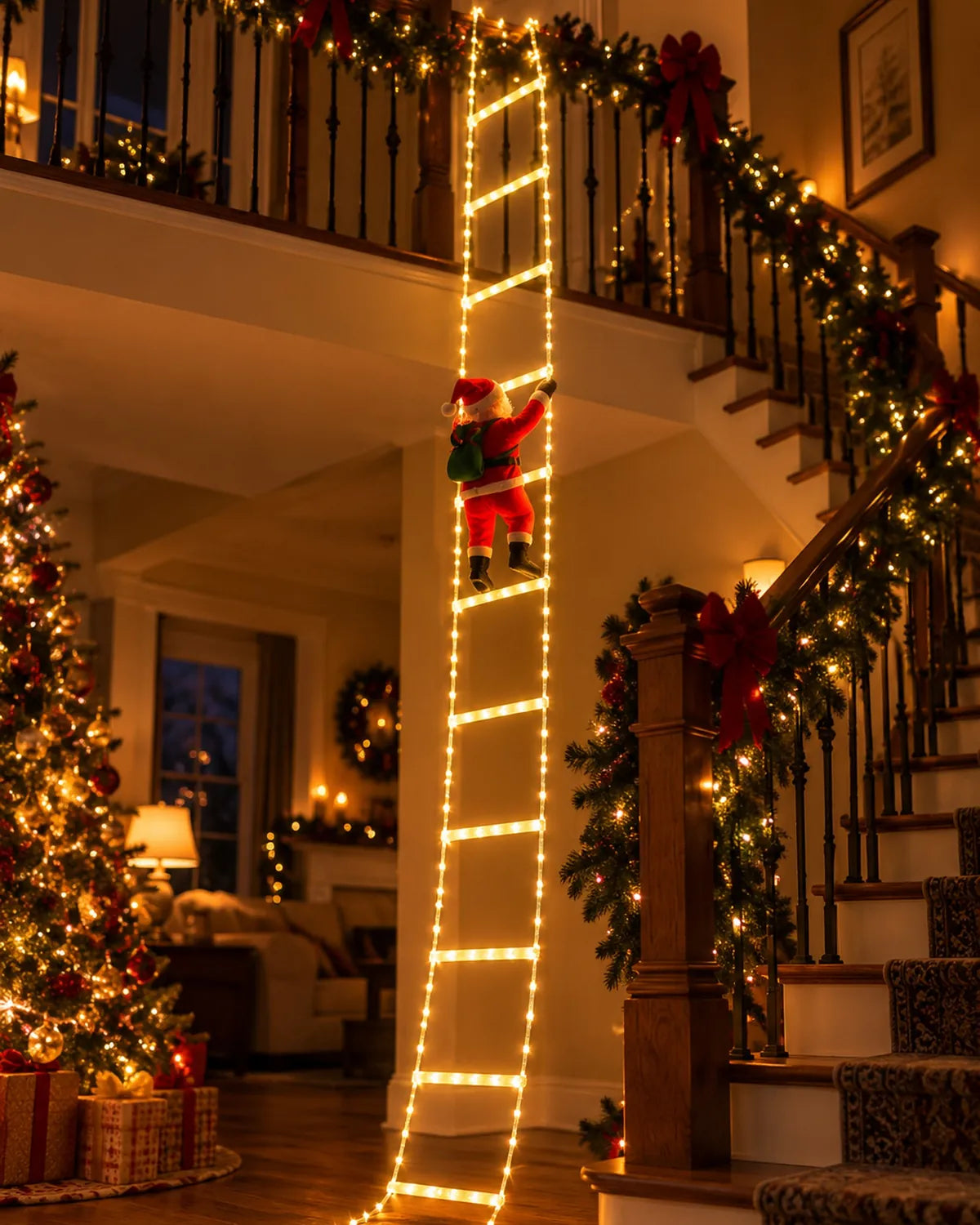 The ladder hanging from a garlanded staircase indoors, glowing beside the Christmas tree, with Santa climbing it