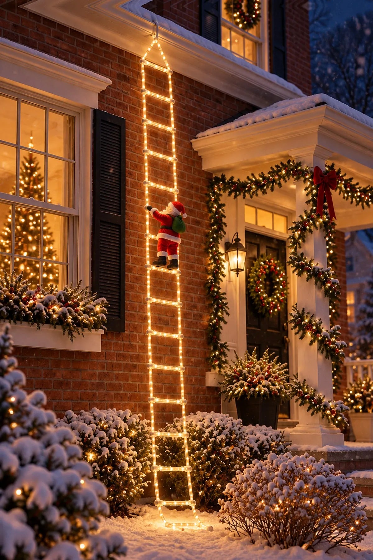 The same red-brick house at dusk, the ladder glowing warm white and Santa climbing it