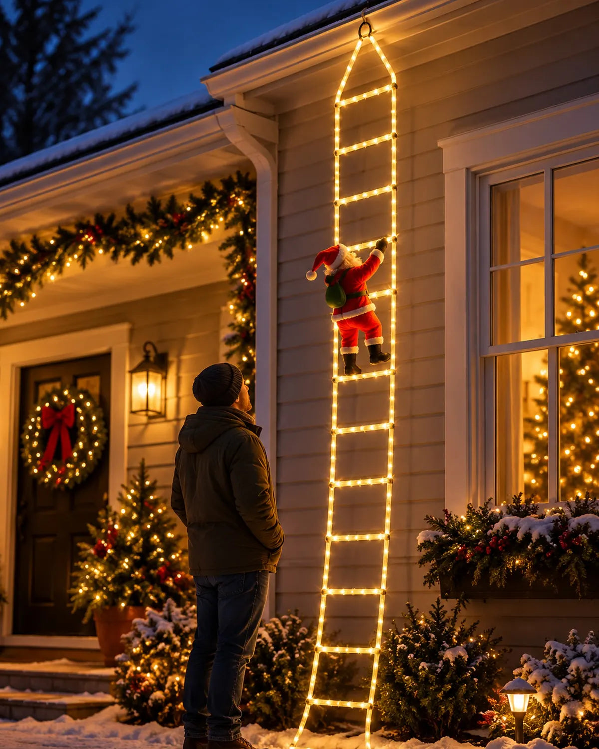 A man standing beside the lit ladder on his house, which reaches from the gutter to the ground