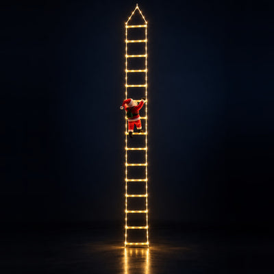 Climbing Claus warm white LED ladder light, about 10 ft with 12 lit rungs and a plush Santa climbing it