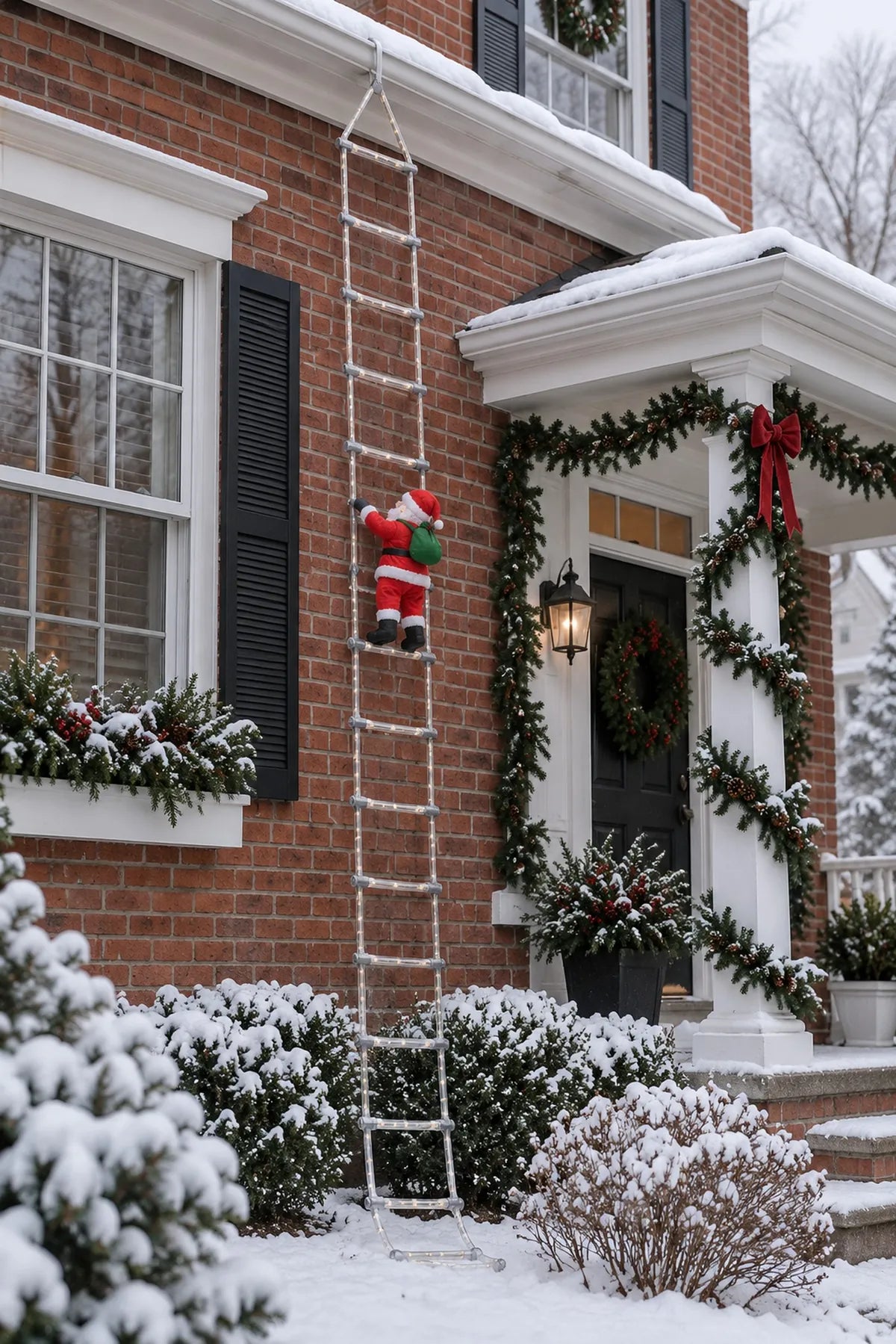 A red-brick house with a white portico in daylight and snow, the ladder hanging unlit from the gutter with Santa on it
