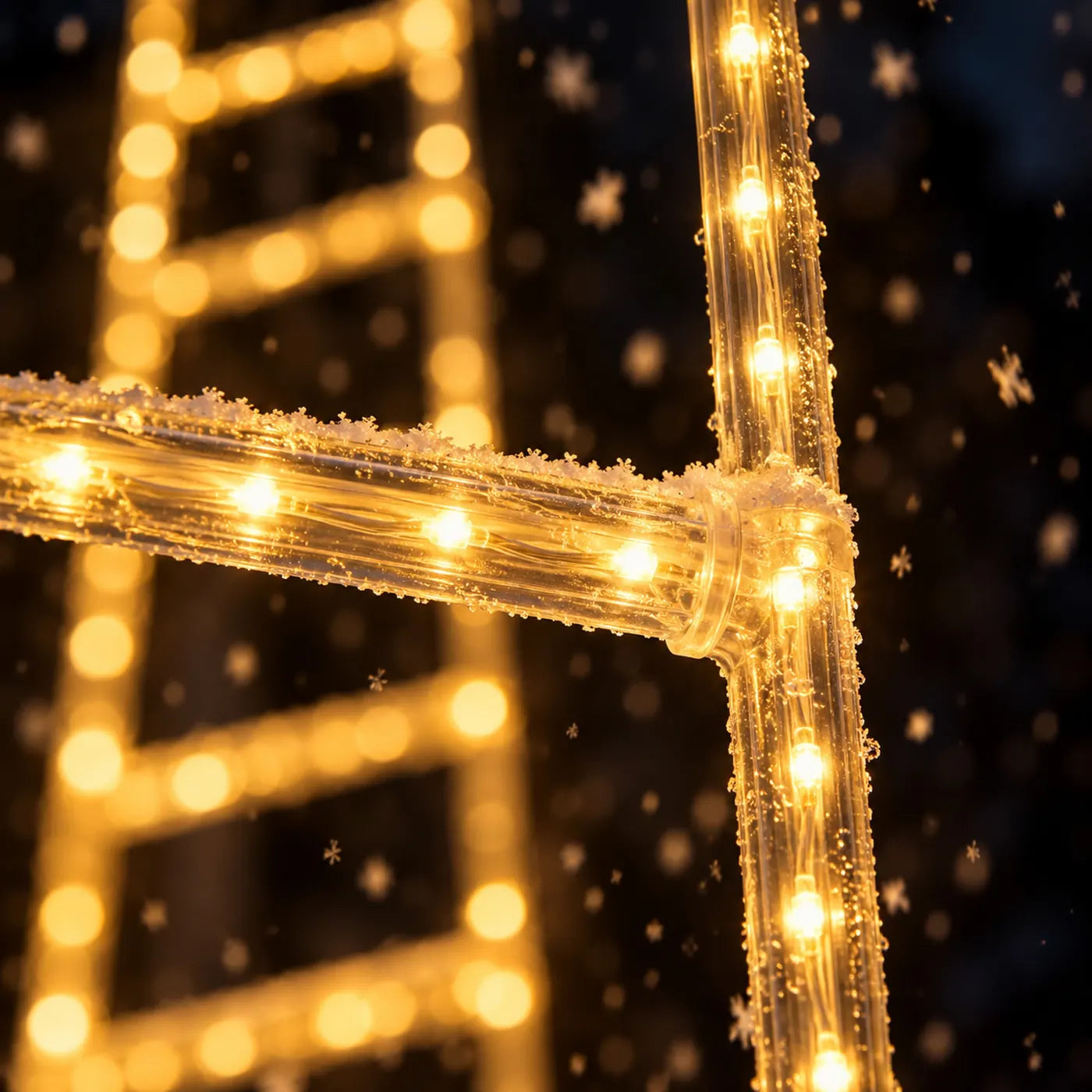 
Close-up of the LEDs glowing inside the clear rope tube, with snow settling on it