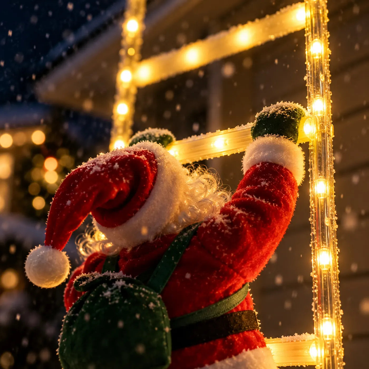 
Close-up of the plush Santa from behind, gripping a glowing rung in falling snow
