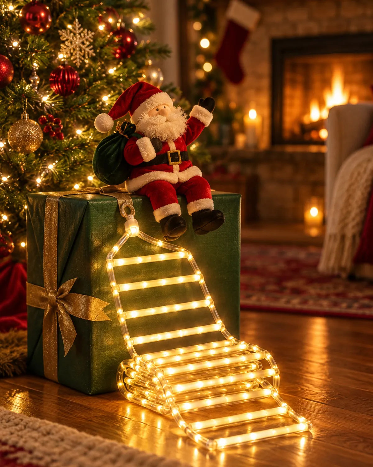 
The ladder folded and glowing beside a green present by the tree, the plush Santa sitting on top