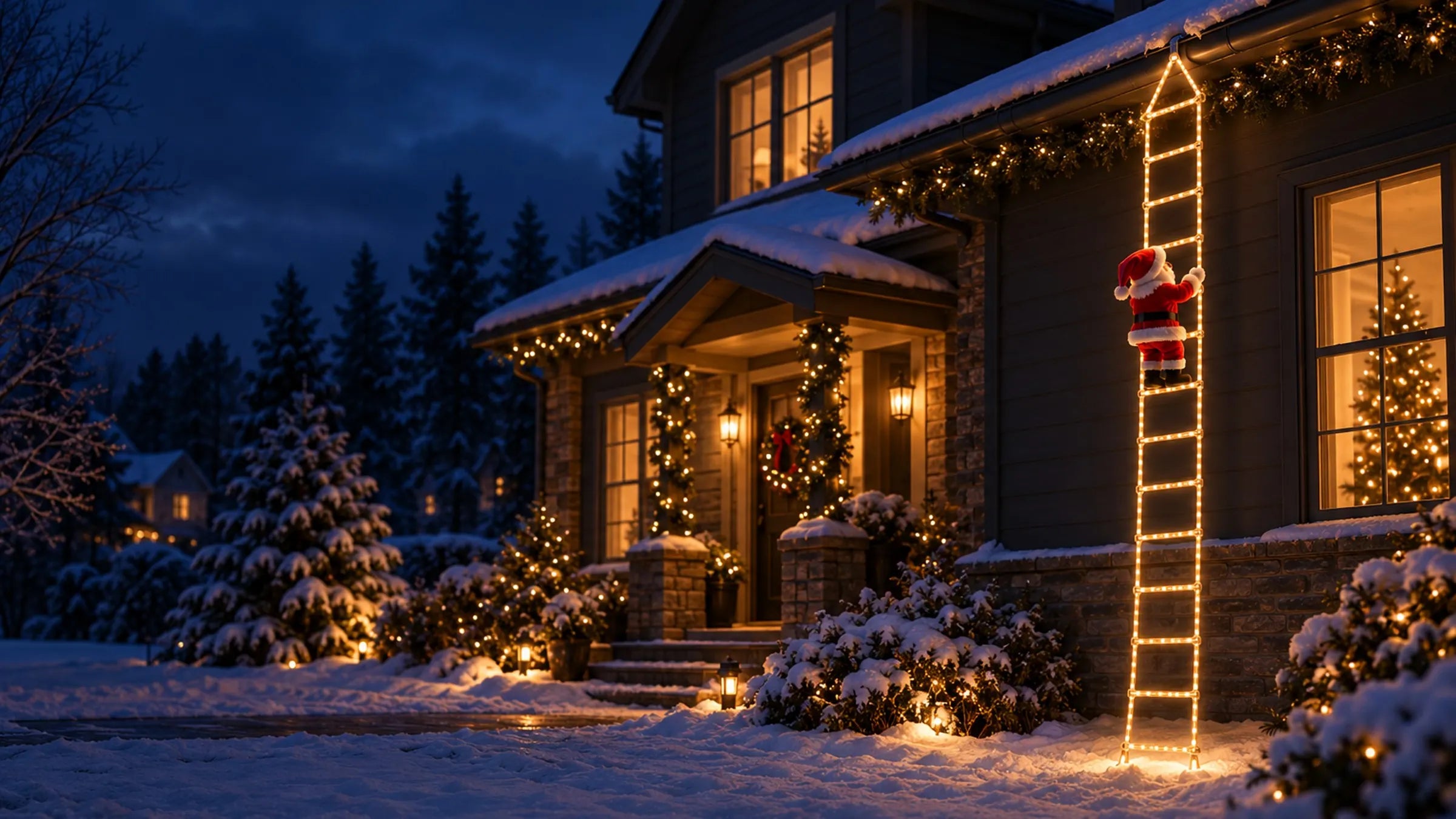 A house at blue hour in the snow, with the Climbing Claus ladder glowing warm white from the gutter and a plush Santa climbing it