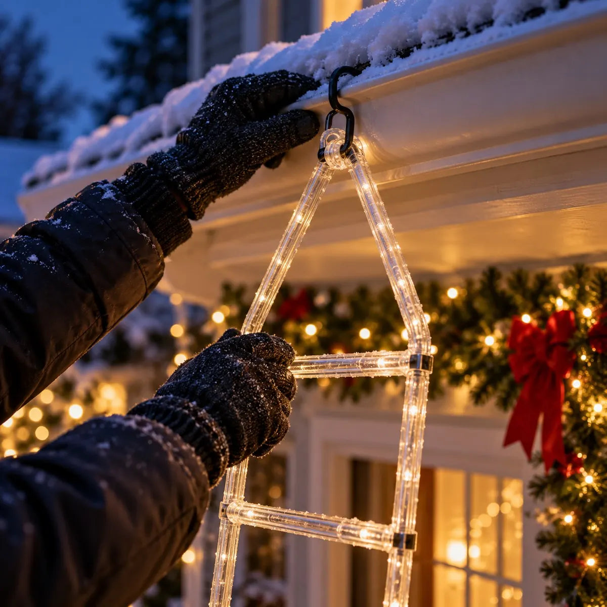 Gloved hands hooking the pointed top of the ladder over a snowy gutter