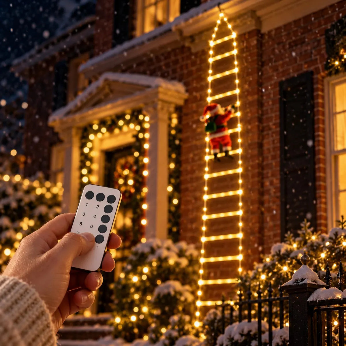 
A hand in a knit sleeve pointing the small white remote at a red-brick house with the ladder lit