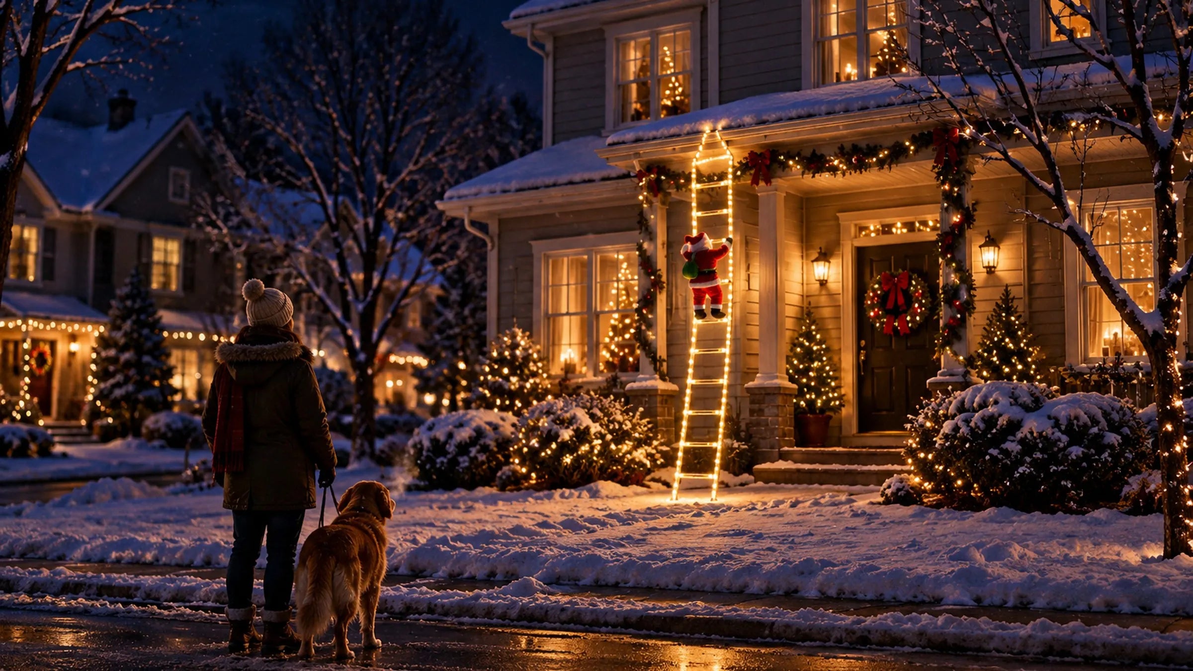 A neighbour and her golden retriever stopped on a wet street to look at a house with the ladder glowing and Santa climbing