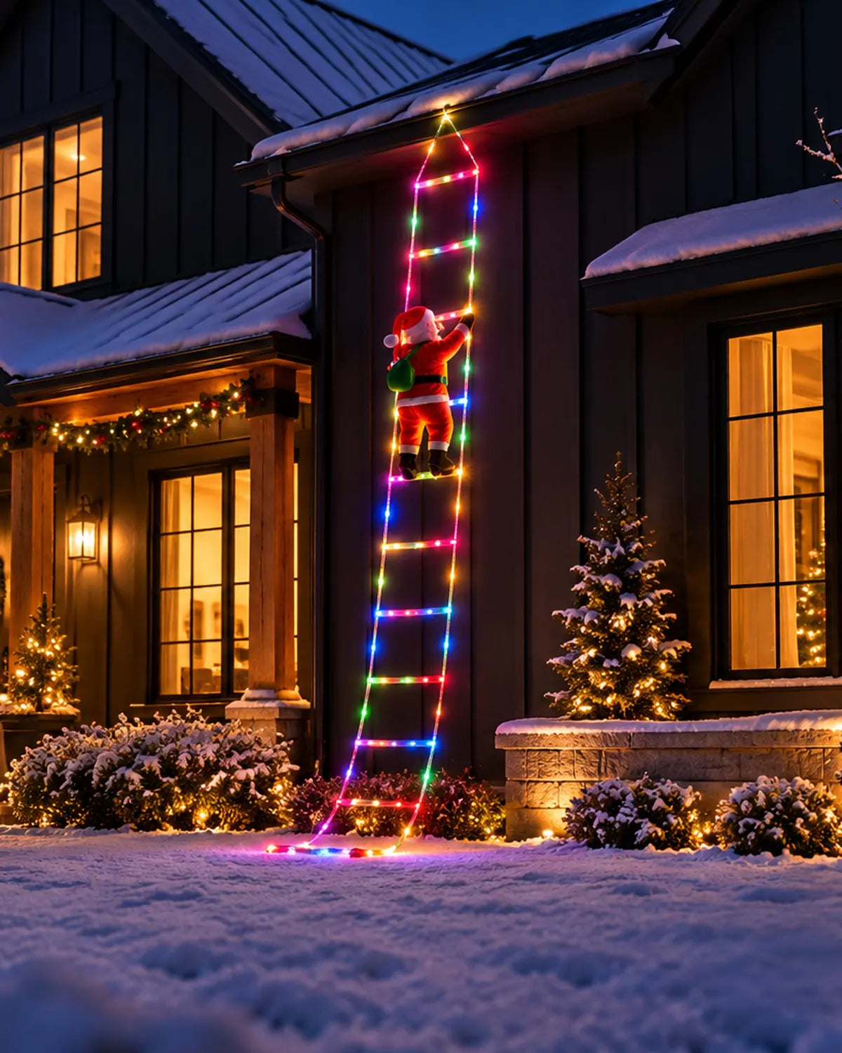 
The multicolour ladder on a snowy black farmhouse, a lit tree in the window behind