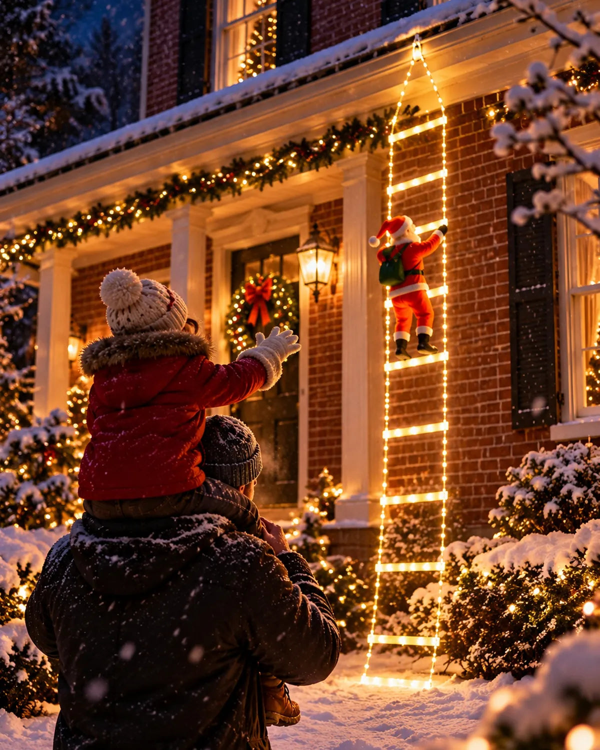 A child on a parent's shoulders in the falling snow, reaching up towards Santa on the glowing ladder