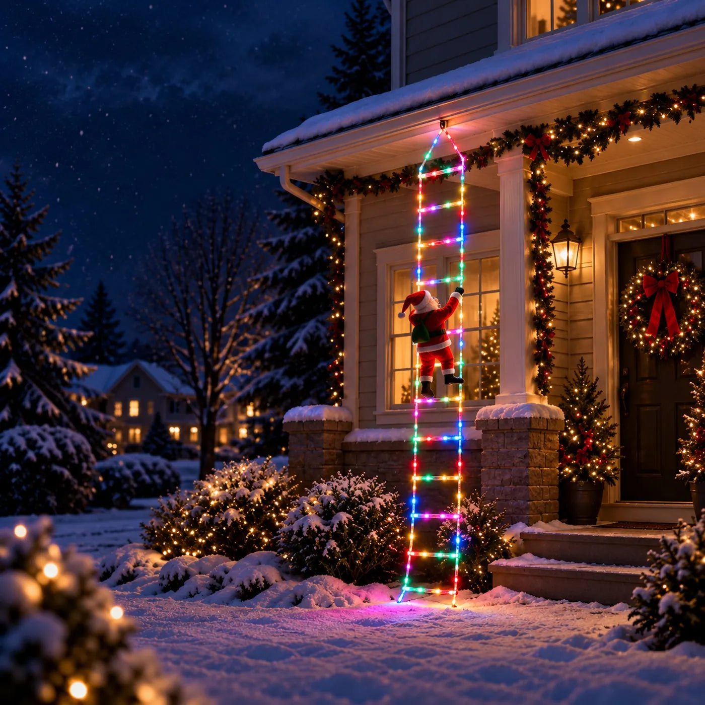 
The multicolour version on a snowy porch, rungs glowing red, green, blue and pink